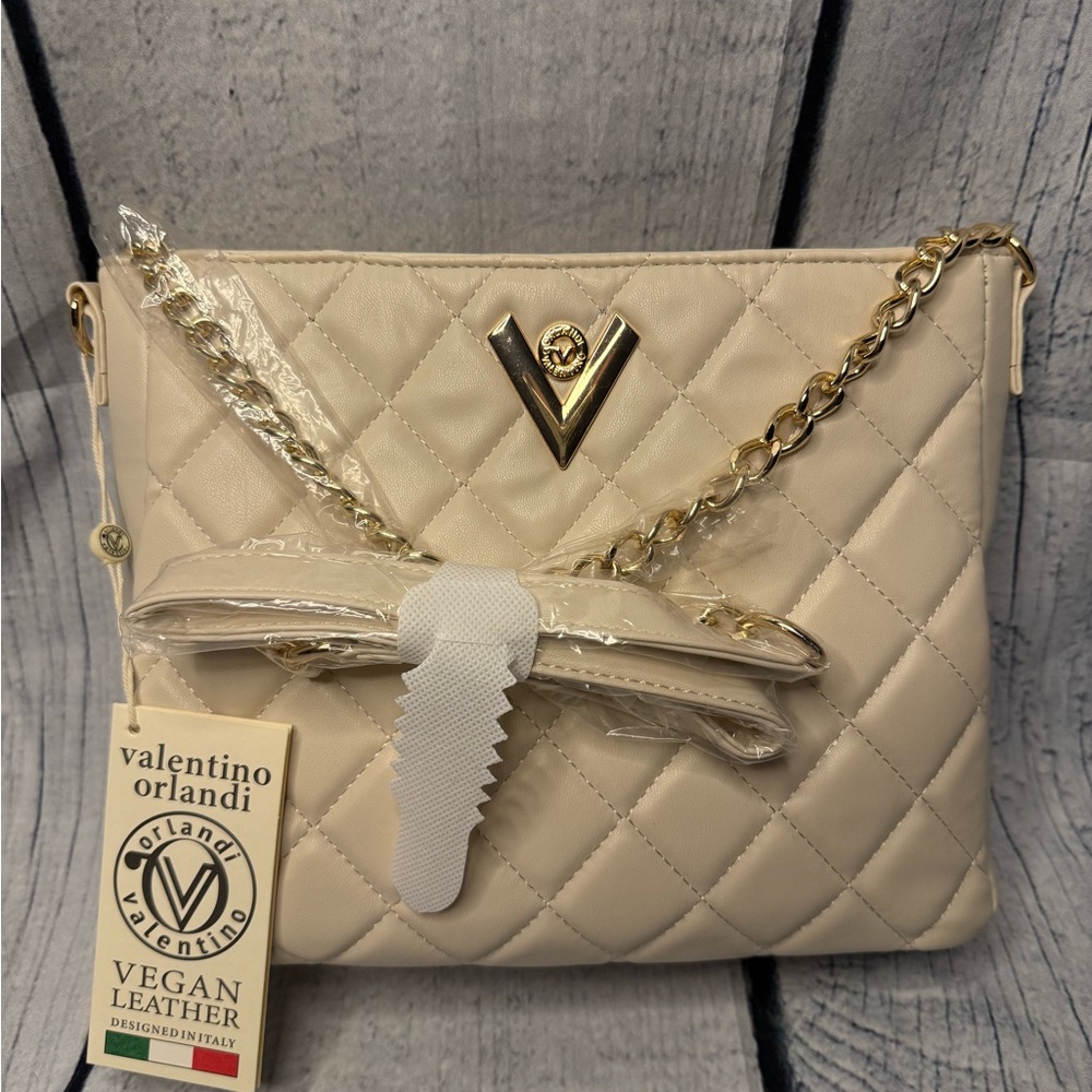 Valentino Orlandi Cream and Gold Crossbody Bag with Quilted Design
